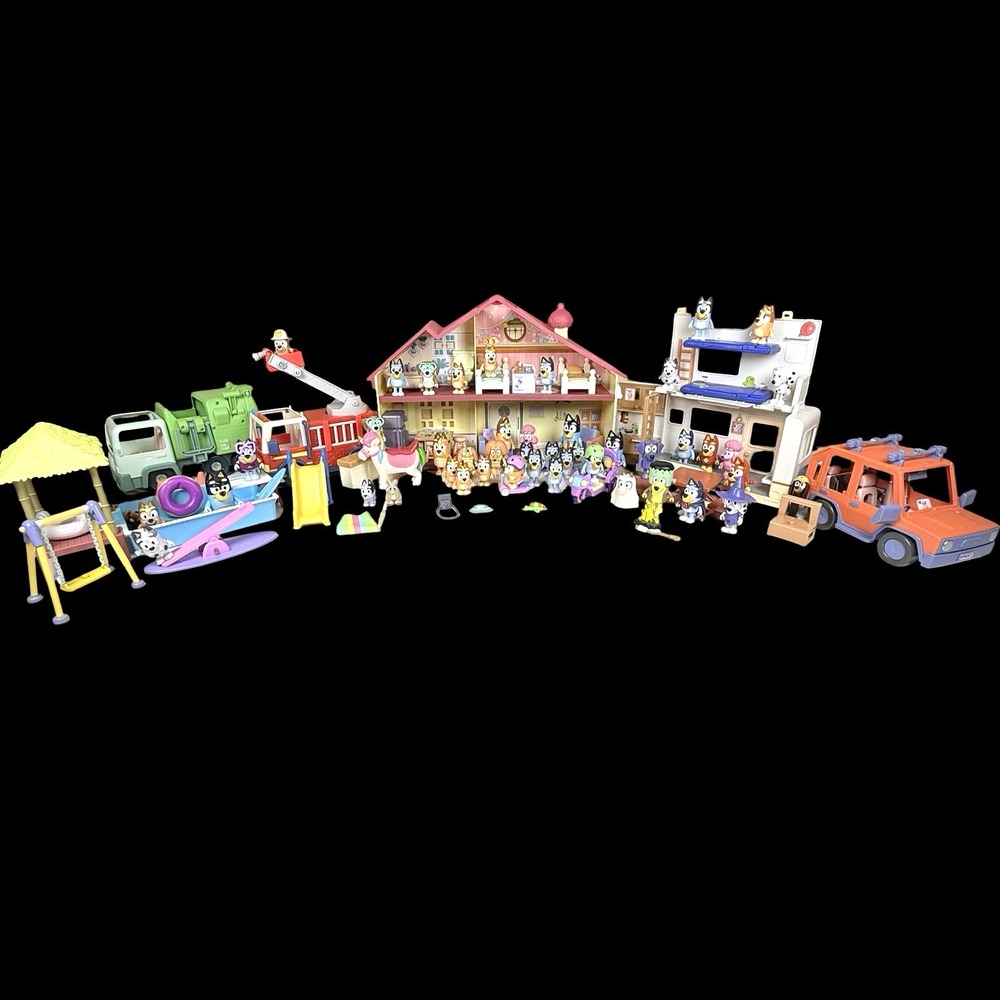 Huge Bluey Lot 40+ Figures Pool Jeep Camper Furniture Fire Garbage Truck Unipony